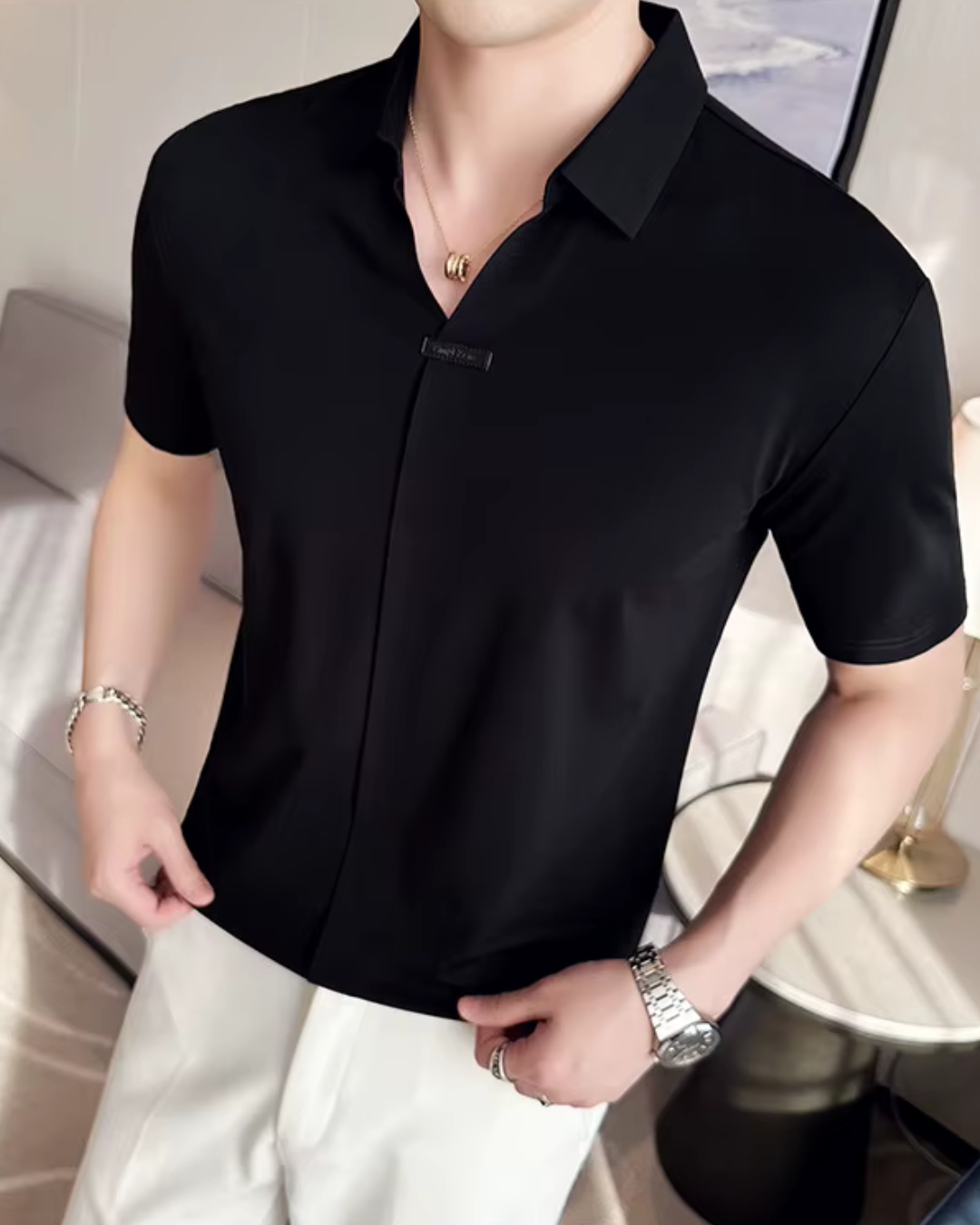 Férfi póló, nagy rugalmasságú, könnyű, puha és gyűrődésálló, egyszínű